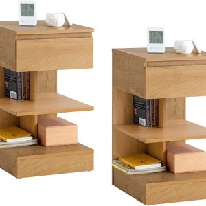 Sæt med 2 smalle sengeborde i natur - moderne natskabe med 1 skuffe og 2 hylder, 39 Ã 39 Ã 65 cm